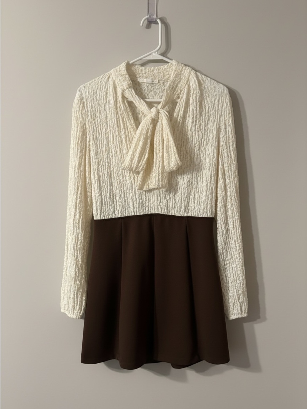 Zara Cream and Brown Long-Sleeve Bow Detail Romper